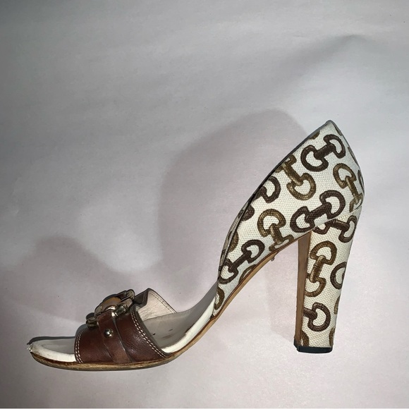 GUCCI size 39B cream linen block heel d'Orsay pumps with bamboo accent at vamp - Picture 5 of 14